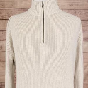 Eddie Bauer Sweater Mens Large Tall LT Beige 1/4 Zip Cotton Rib Knit Pullover